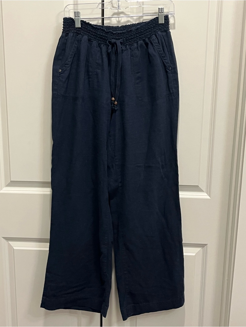 Navy Smocked Waist Wide-Leg Linen Blend Pants Women’s XL Pockets Drawstring
